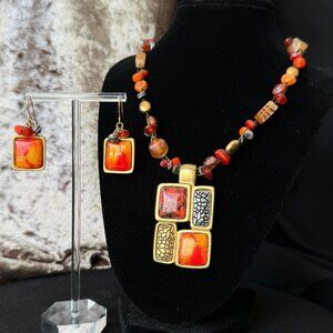 Red-Orange + Matte Gold Geometric Enamel Pendant Necklace Dangle Earrings Adj.